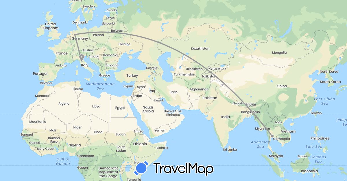 TravelMap itinerary: driving, plane in Germany, Italy, Thailand (Asia, Europe)